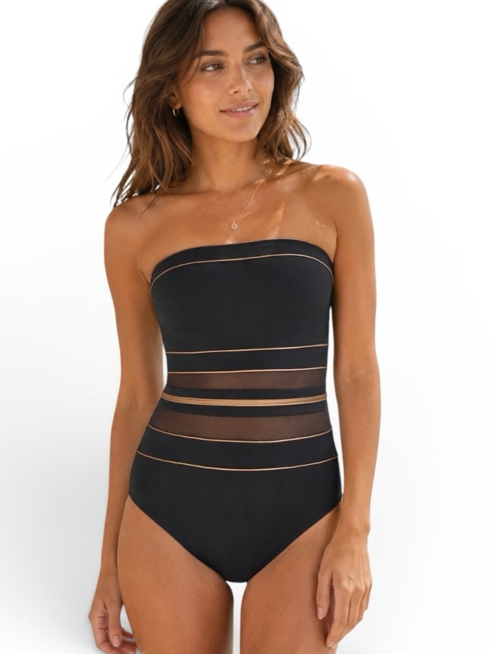 Gottex Onyx Bandeau Convertible Strap Mesh Swimsuit Black NWT Sz 12 Black Gold
